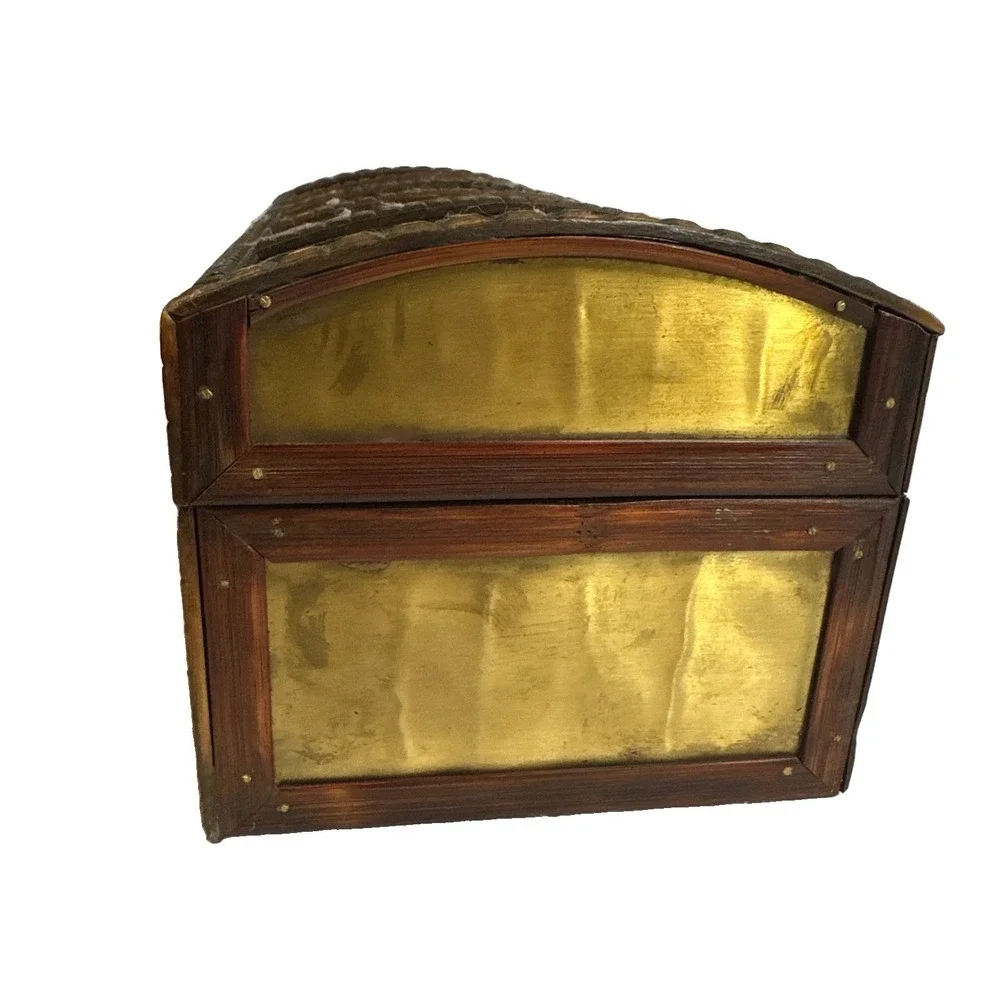 Woven Wooden Treasure Chest Storage Box w/ Metal Handle & Latch, Brown